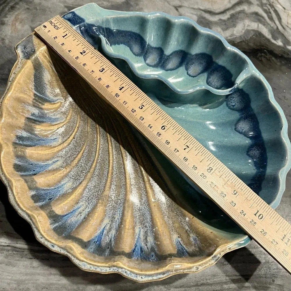 Palms Up Blue Shell Form Divided Dish Handmade